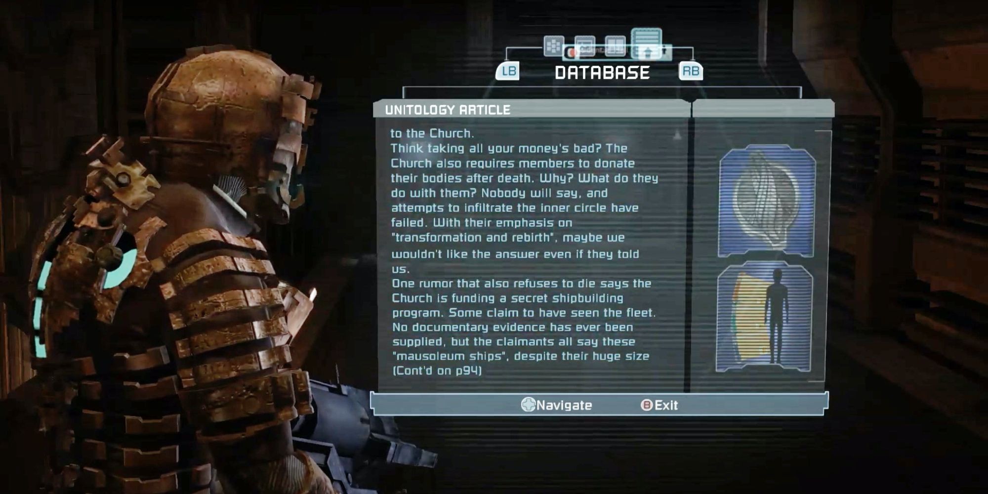 Isaac Clarke from Dead Space finding a missable Unitology Article Text Log in Chapter 10
