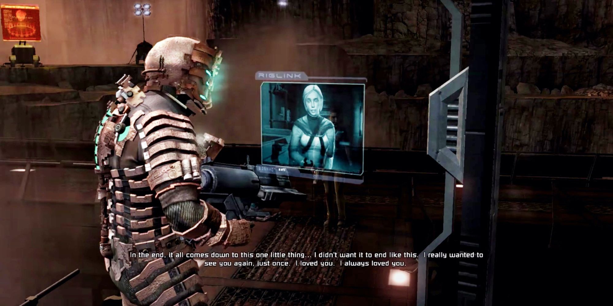 Isaac Clarke from Dead Space watching Nicole's final Video Log recorded for him from Chapter 12