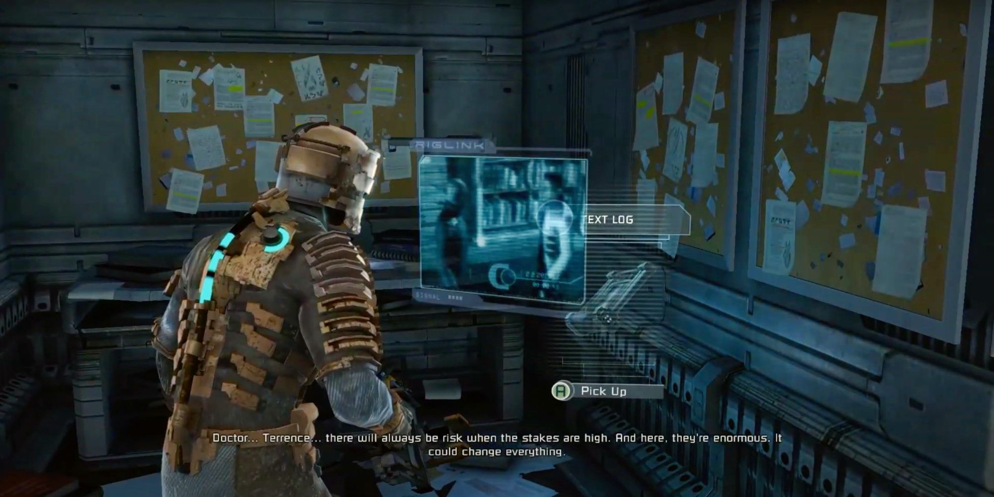 Isaac Clarke from Dead Space watching the Video Log between Dr. Kyne and Captain in Chapter 2
