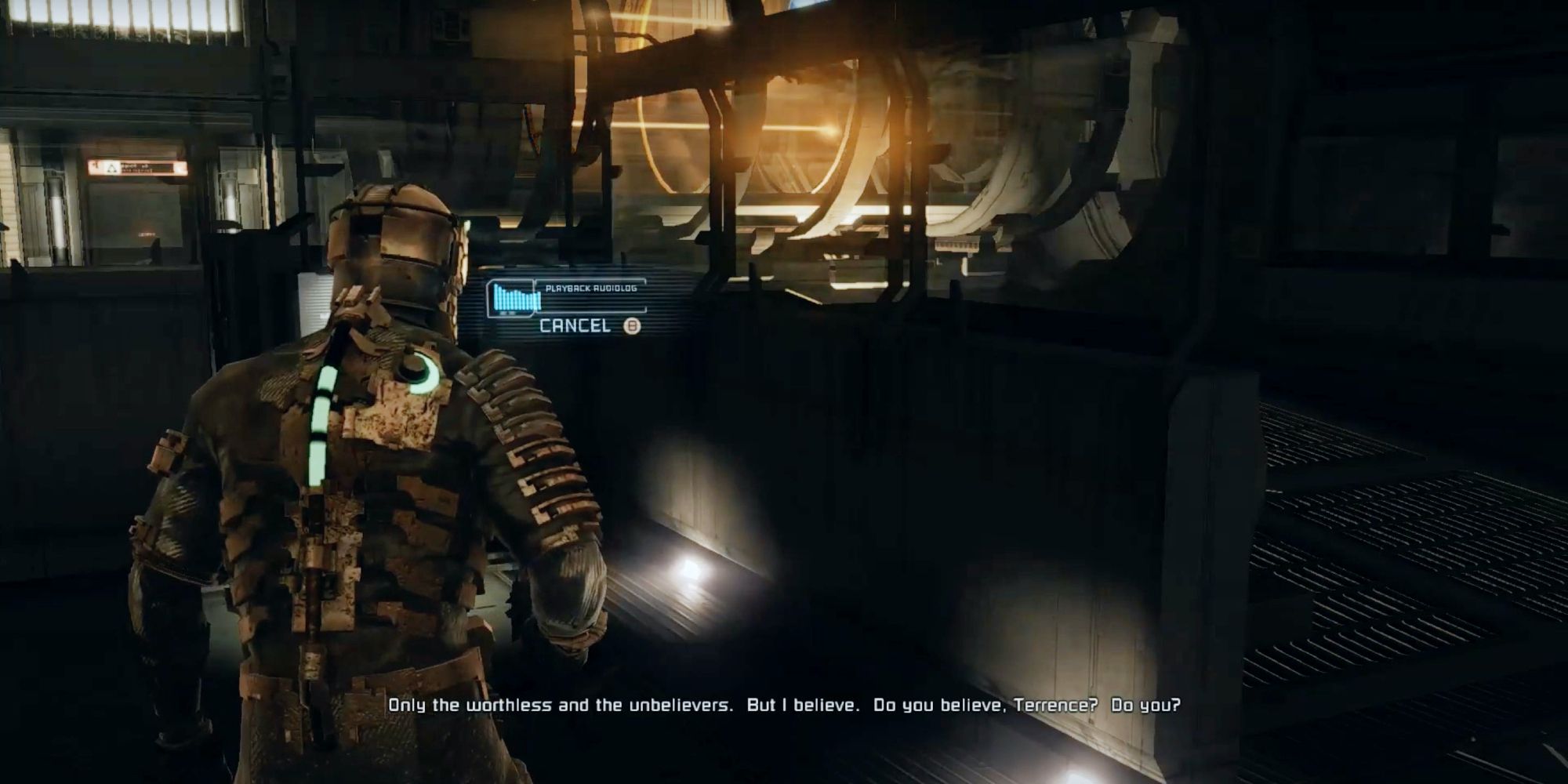 Isaac Clarke from Dead Space listening to an Audio Log from Dr. Mercer in Chapter 2