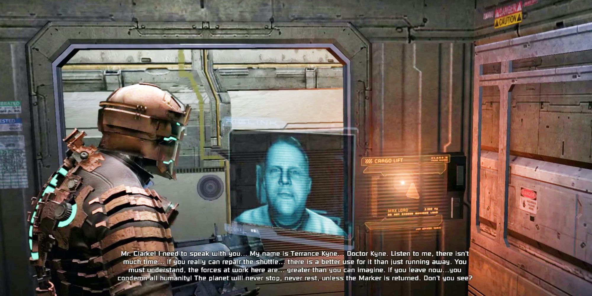 Isaac Clarke from Dead Space watching Dr. Kyne's Video Log who pleads to save humanity in Chapter 9