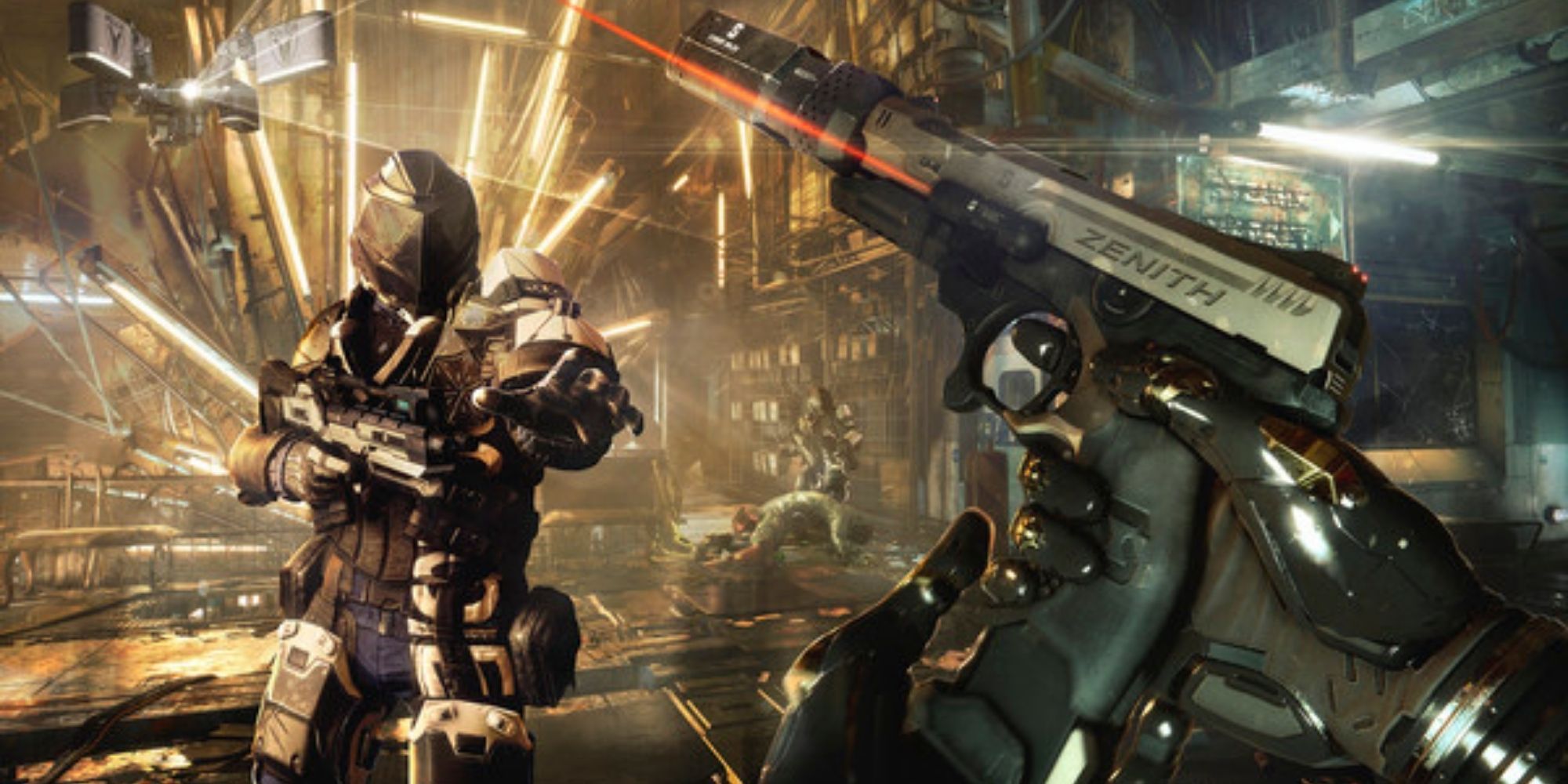 Deus Ex FPS holding gun with soldier standing in front