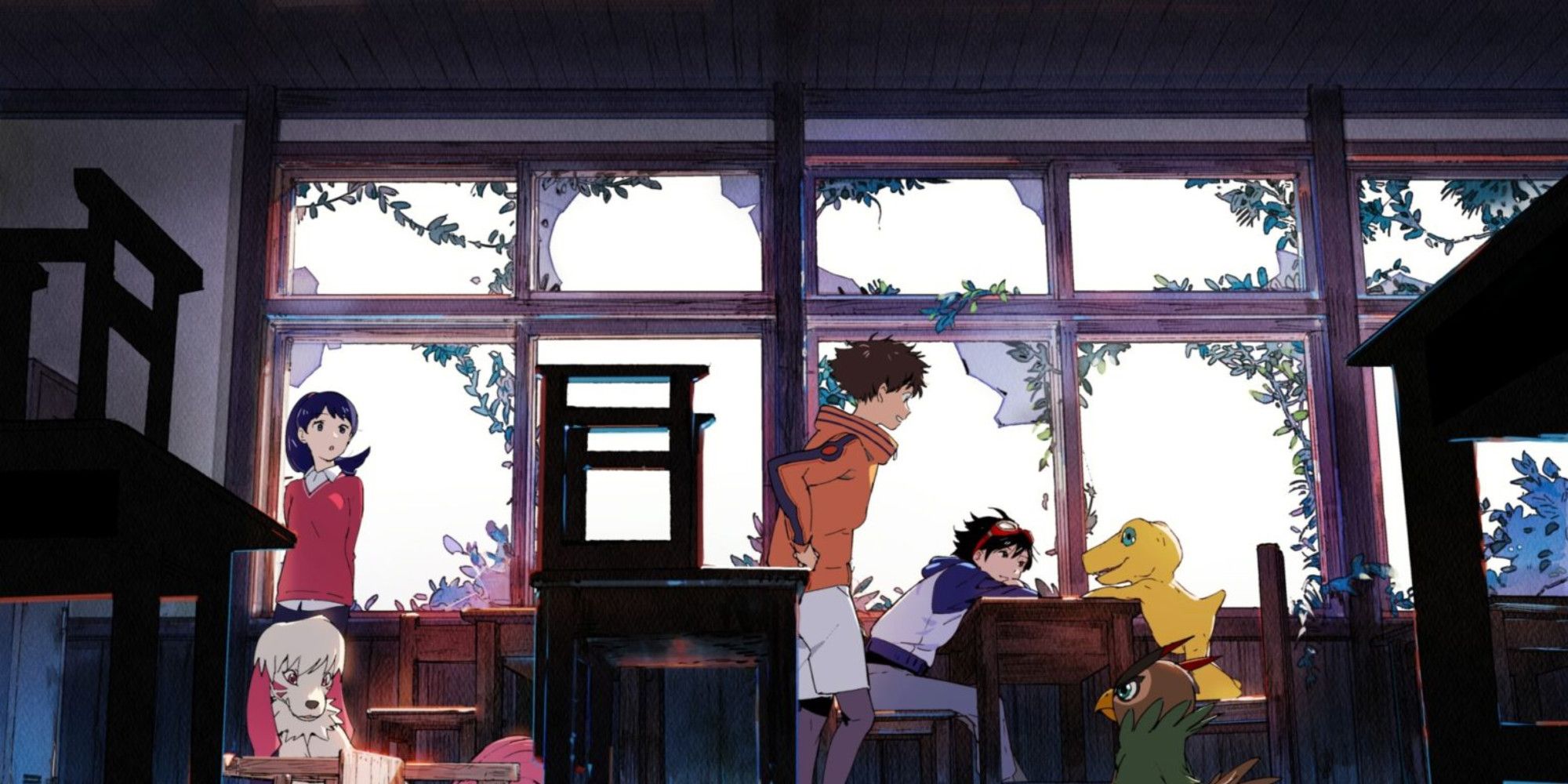 DigimonSurvive characters in ruined classroom