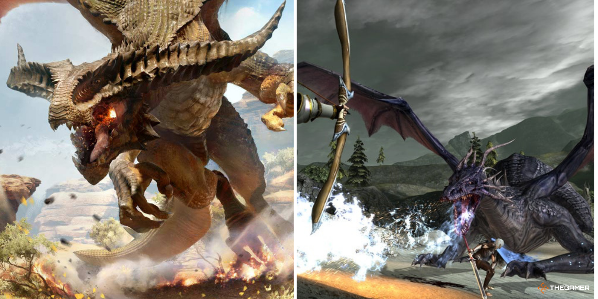 Dragon Age - fighting Dragons (Inquisition on left, 2 on right)