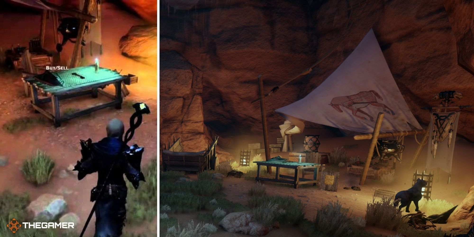 Dragon Age Inquistion Split Image - Merchant's Stall in the Hissing Wastes