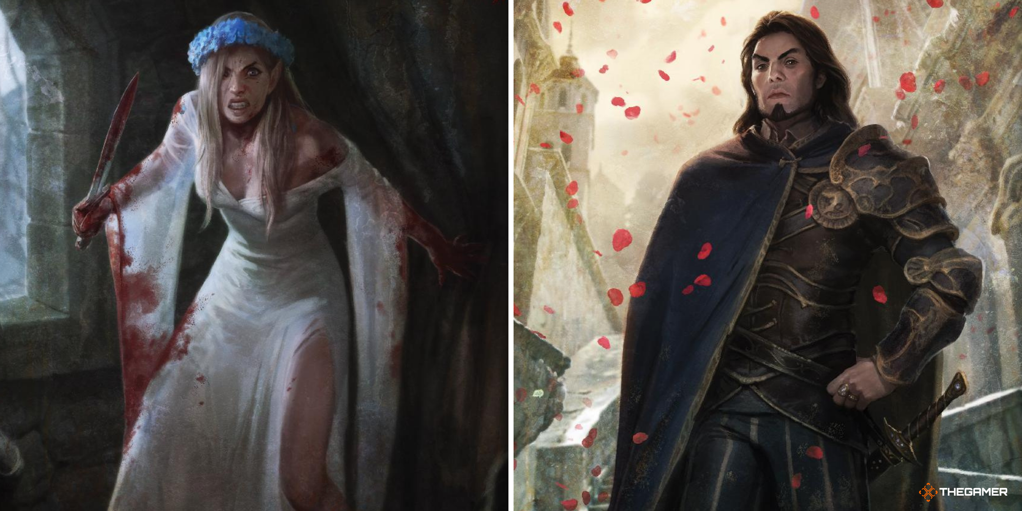 Dragon Age Origins - City Elf Origin promo art on left, Human Noble Origin promo art on right