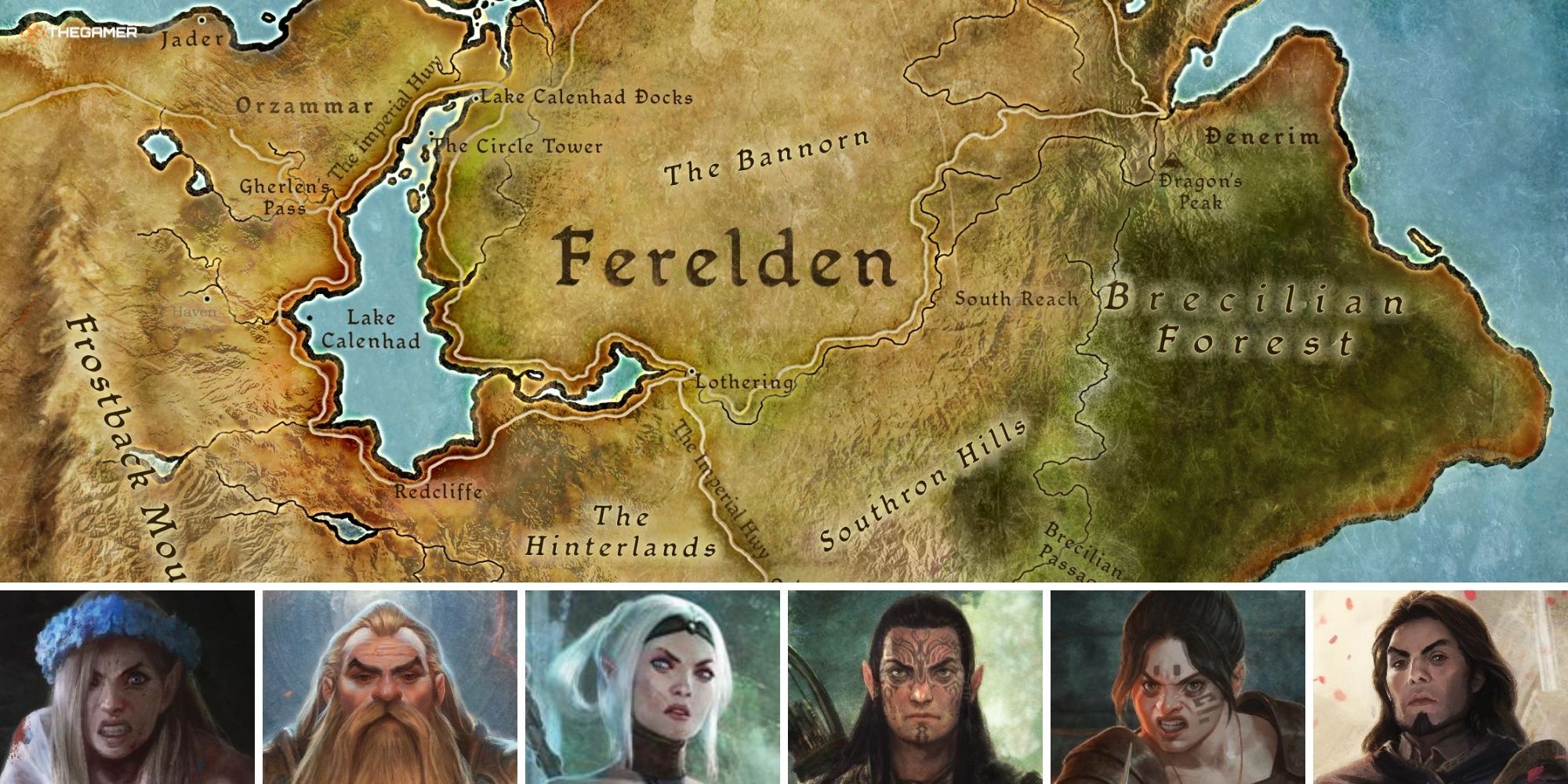 Dragon Age Origins - Map of Ferelden on top, promo art of origins along the bottom