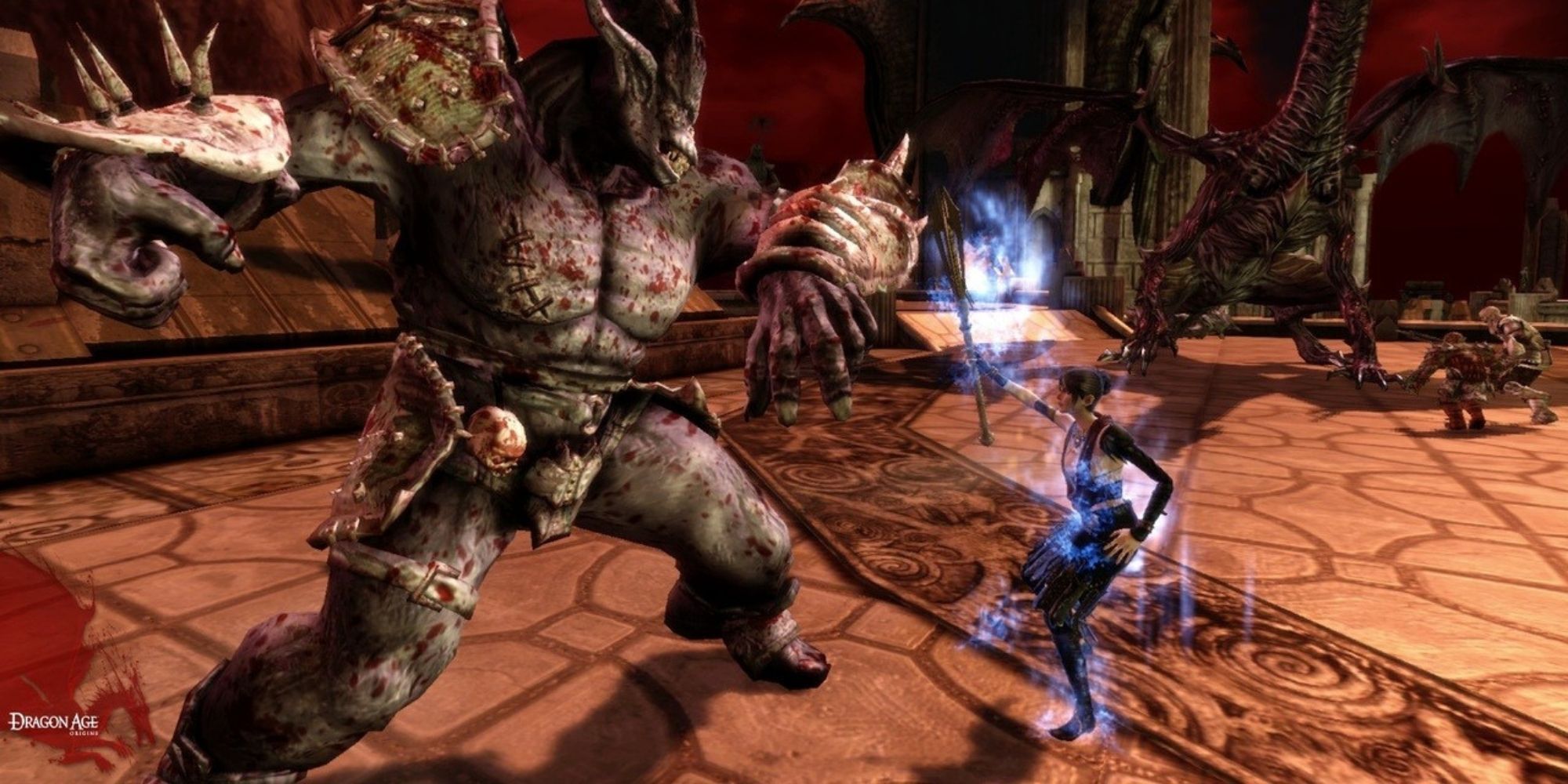 Dragon Age Origins - Promo Screenshot of The Darkspawn Chronicles DLC, Morrigan fighting Ogre