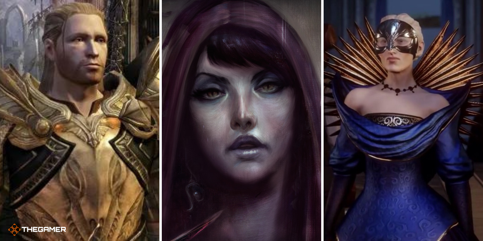 Dragon Age Split Image - King Cailan on left in-game, Morrigan official art in centre, Empress Celene on right in-game