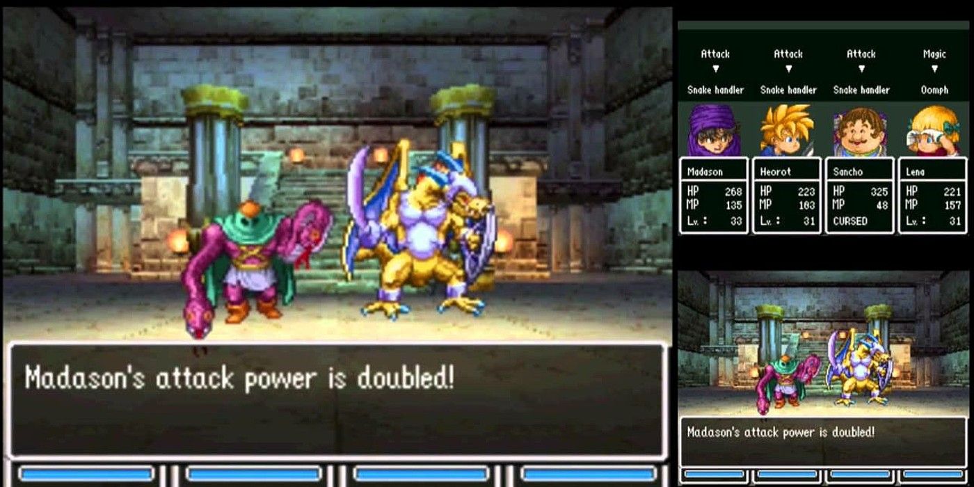 Dragon Quest V Hand of the Heavenly Bride split image of party and battle with monsters