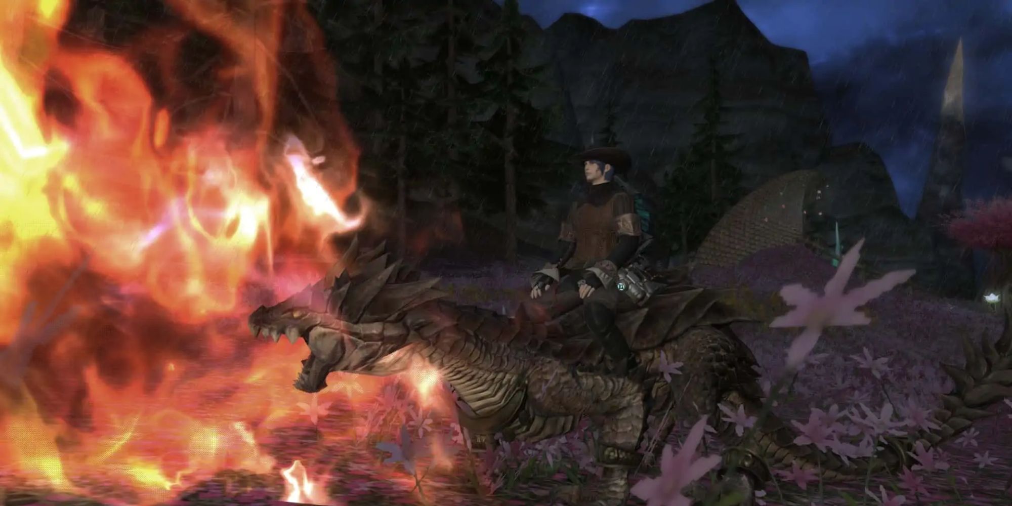 Final Fantasy 14 Cavalry Drake Mount Breathing Fire in Coerthas