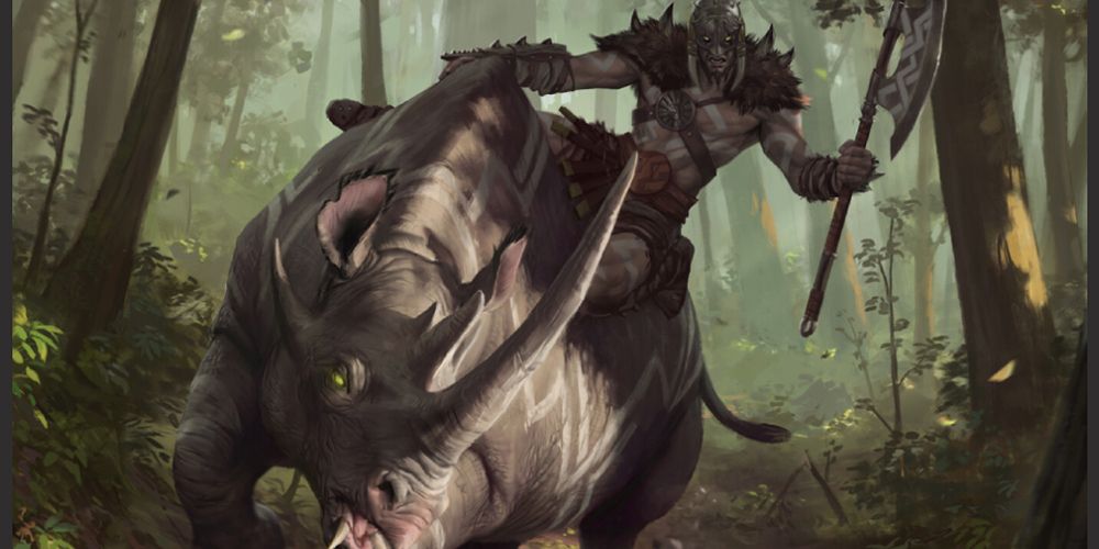 Dungeons & Dragons, a barbarian holding his axe while riding a rhinoceros mount in a jungle