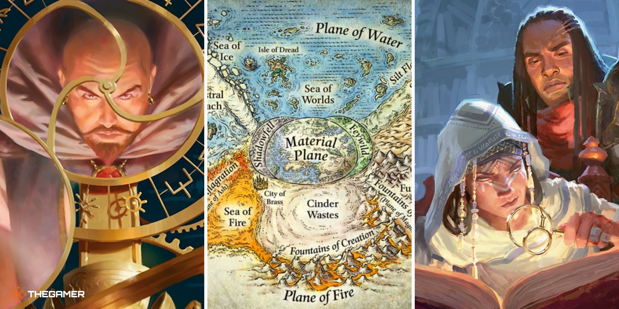 Dungeons and Dragons (Mordenkainen's tome of foes on left, Map of the elemental plane in centre, candlekeep mysteries art on right)