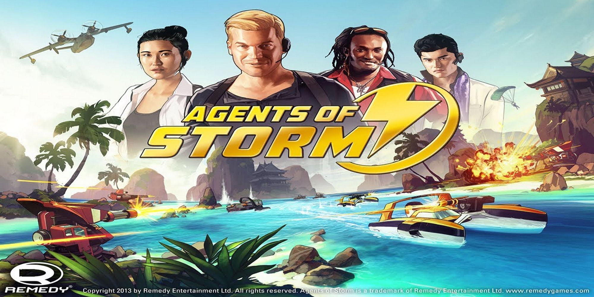 The cover art for the 2014 iOS freemium game Agents of Storm with the characters, island, and explosions.