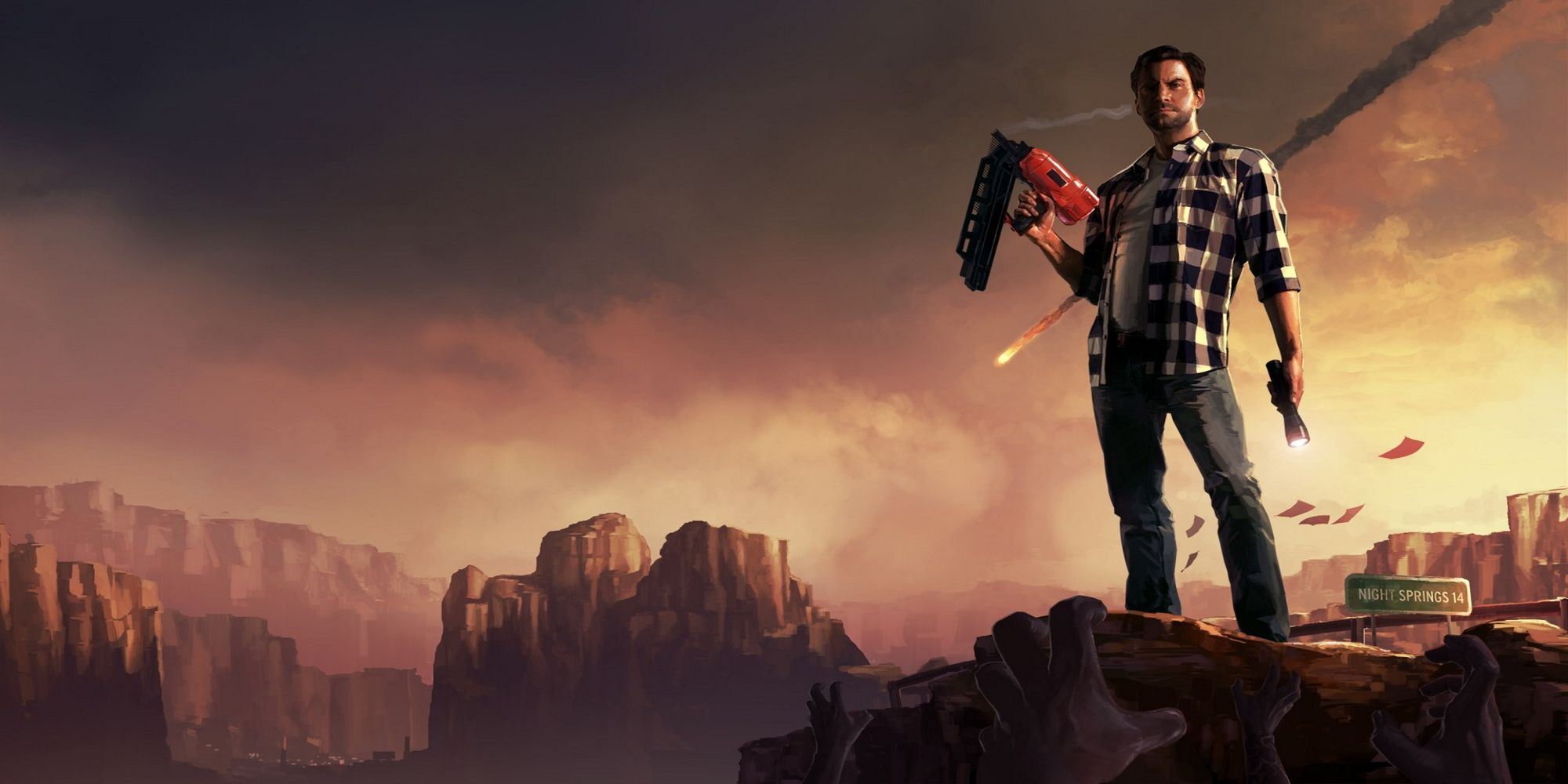 Third-person horror game Alan Wake's American Nightmare box art, with Alan wielding a nail gun on a canyon.