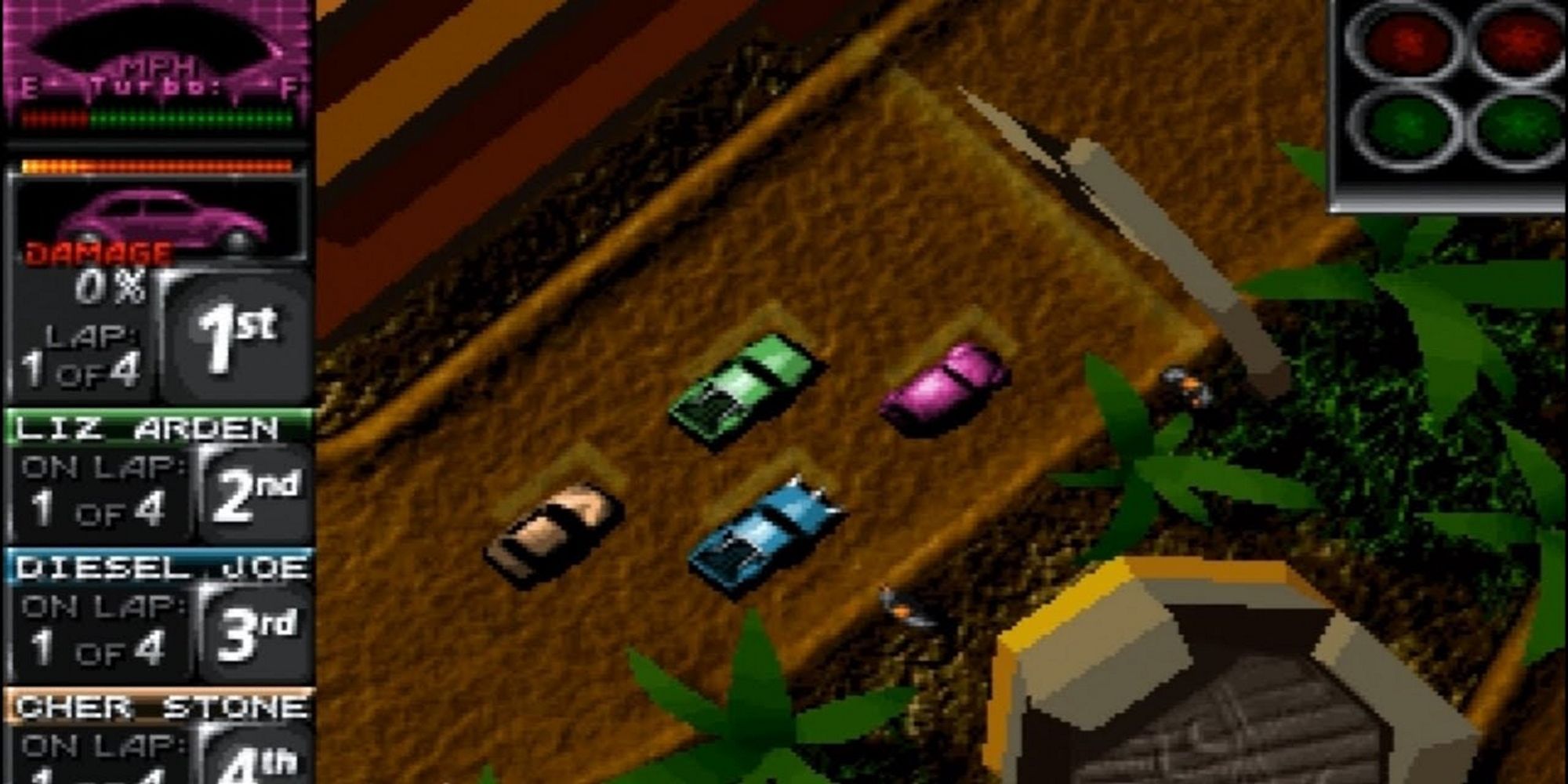 Gameplay from the original Death Rally game from 1996, with green, yellow, blue, and purple cars racing.
