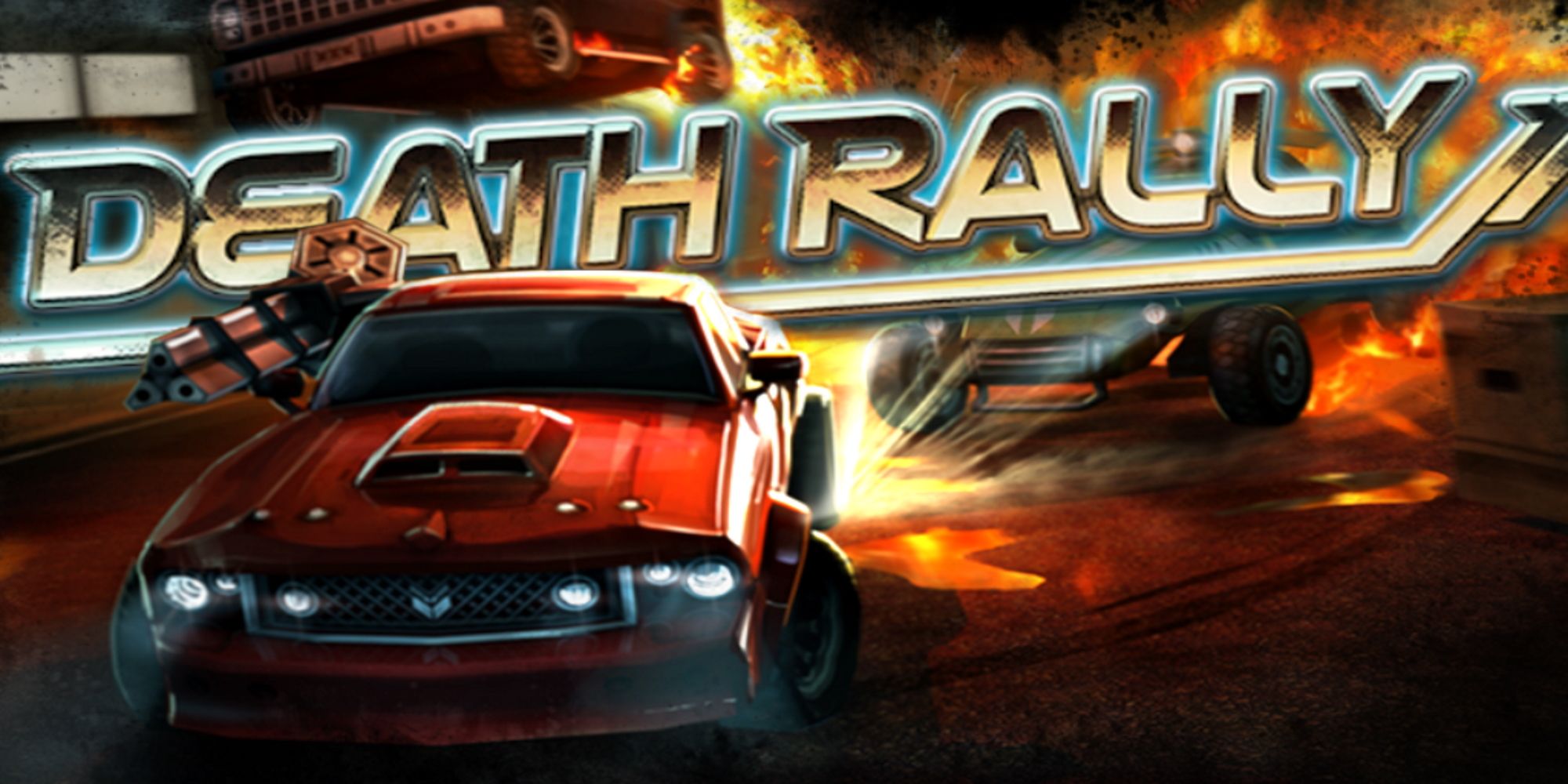 Cover art for the Death Rally Remake first released in 2011, with a red car having a minigun and the logo in the background.
