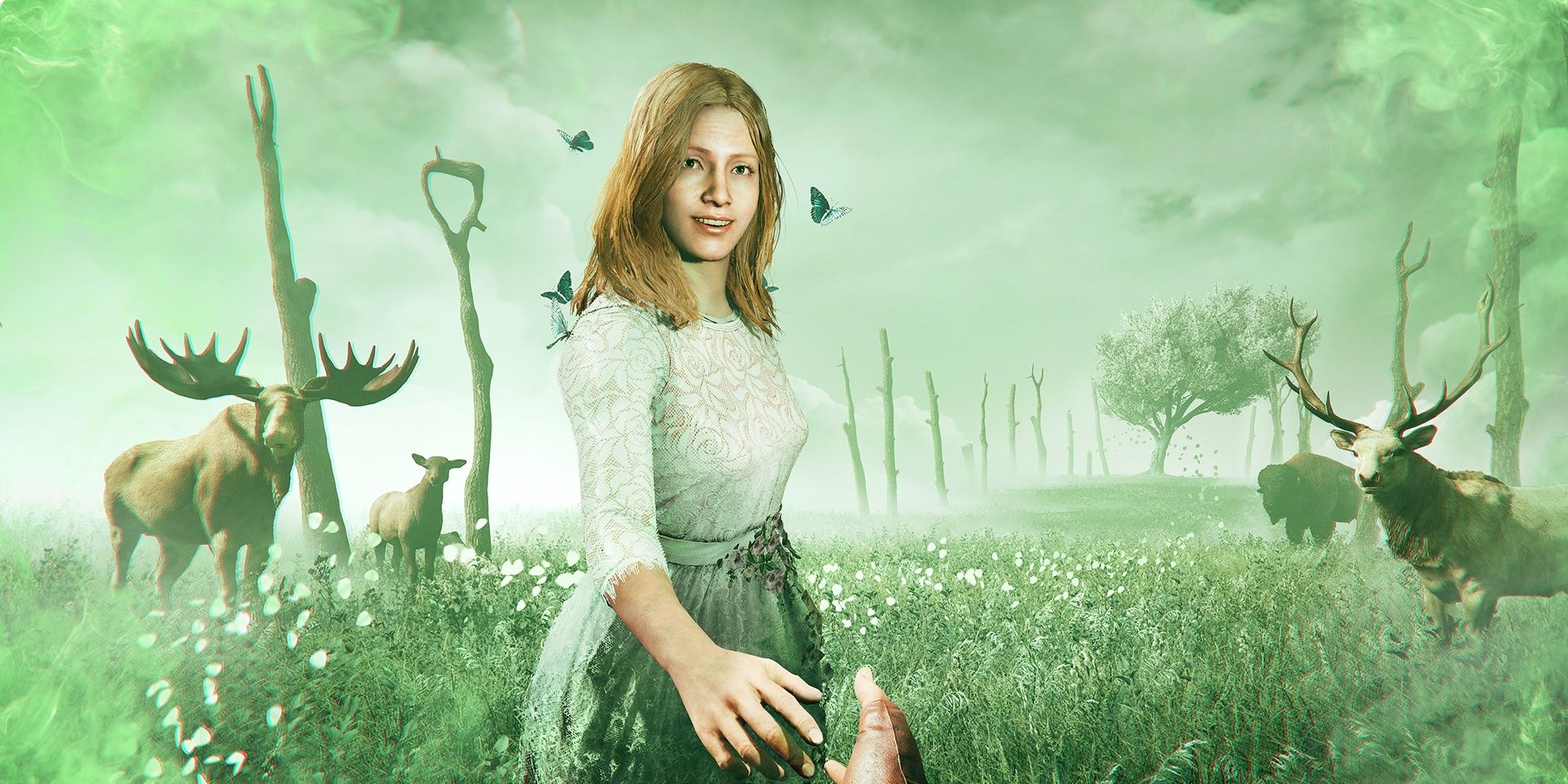 Far Cry 5's Faith Seed leading player through hallucinogenic field with animals