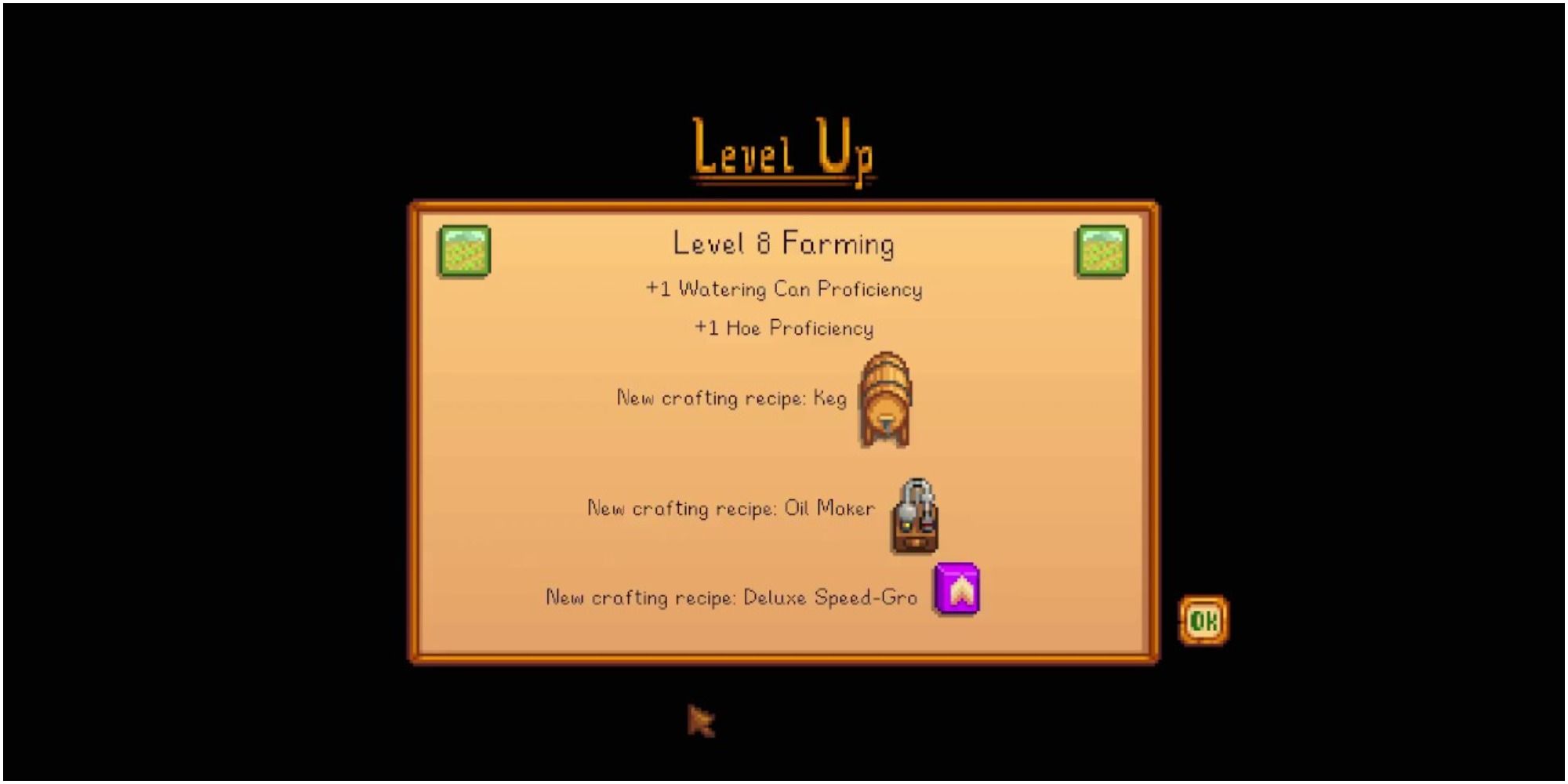 Stardew Valley: An image of the Farming Level Eight level up screen.
