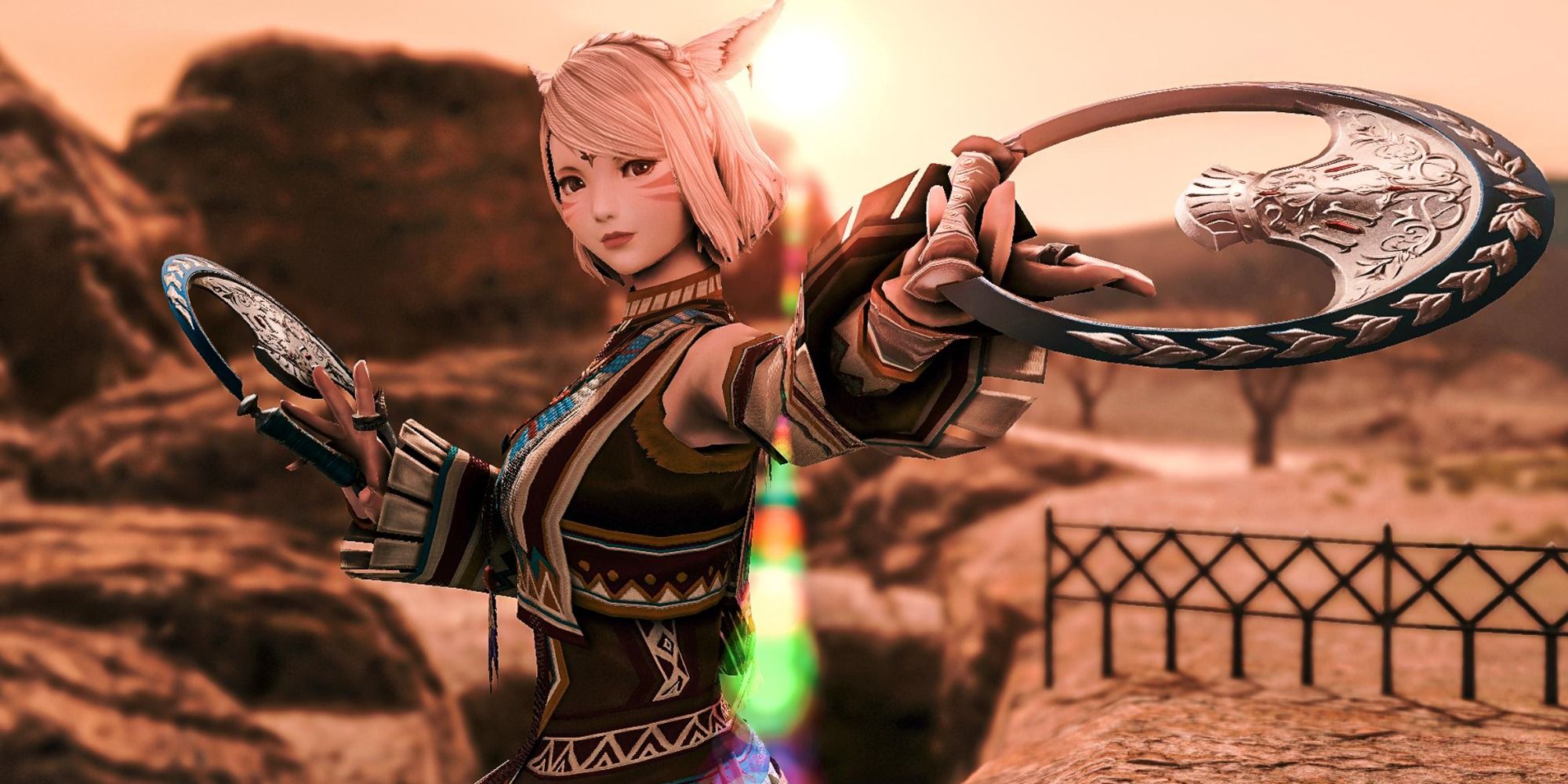 Miqote holding Dancer weapons in Final Fantasy 14