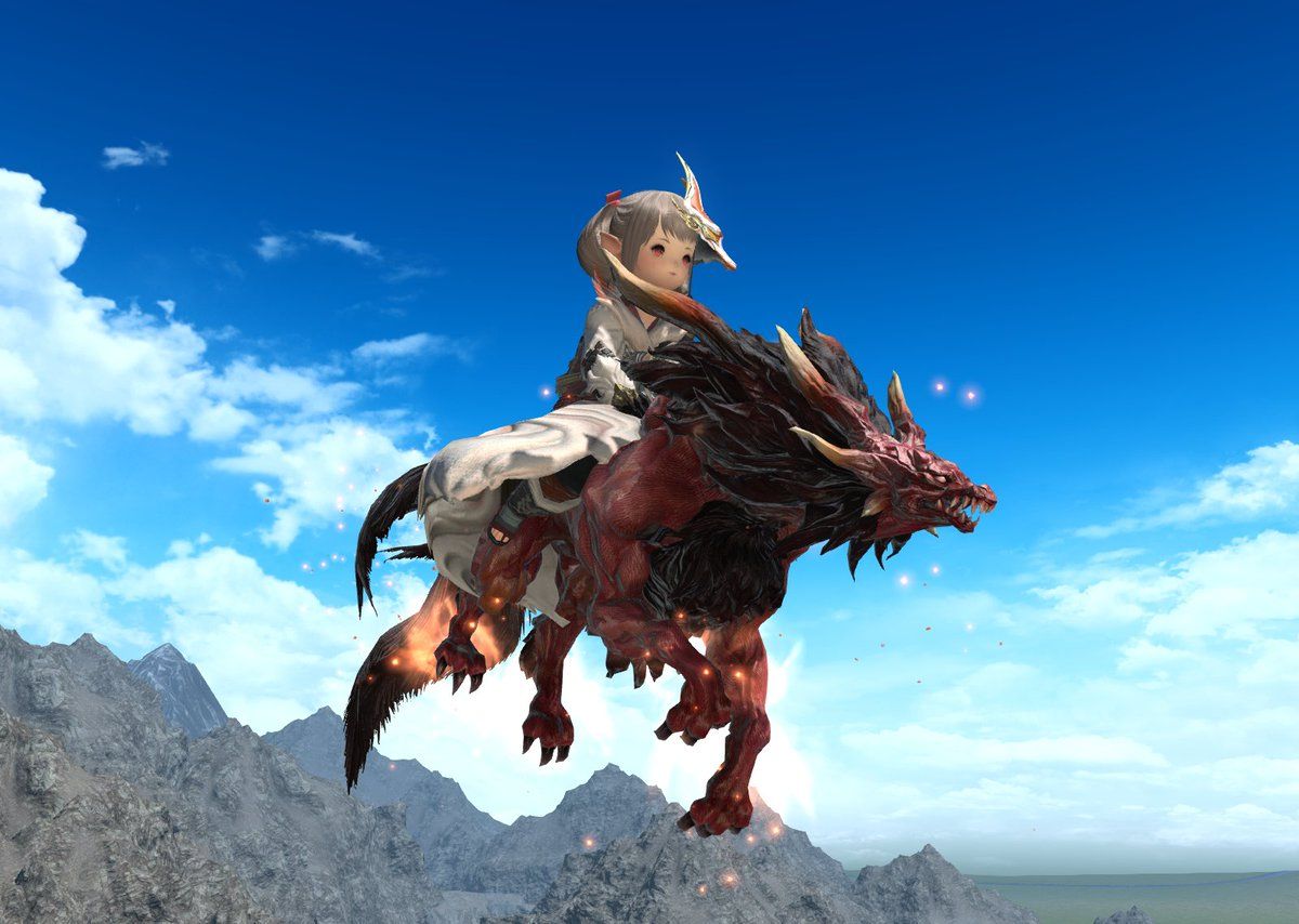 Final Fantasy 14 Managarm mount flying in the sky