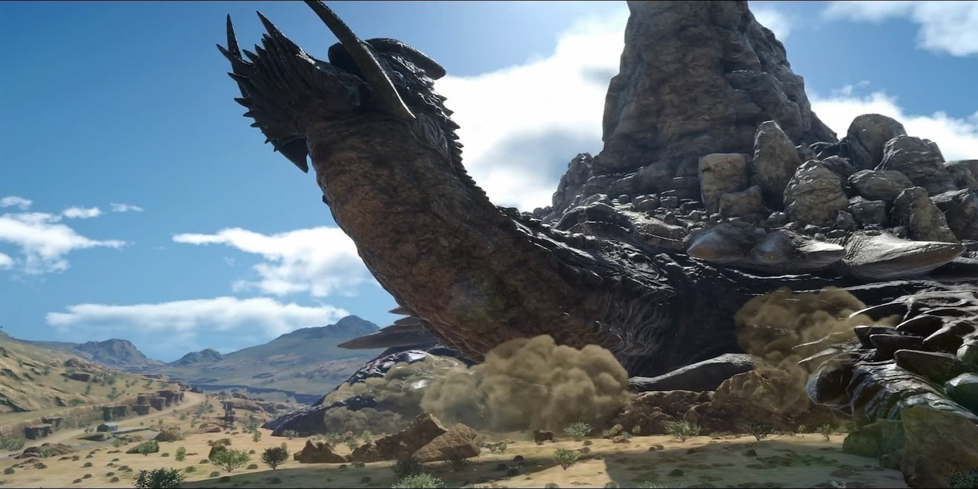 Final Fantasy XV Adamantoise extremely massive head lifted up with entire cliffs on shell walking through desert