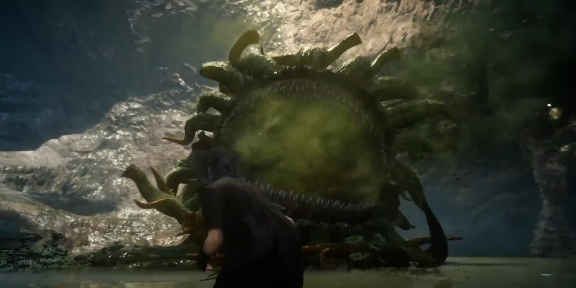 Final Fantasy XV malboro in swamp like area using bad breath attack aimed at party