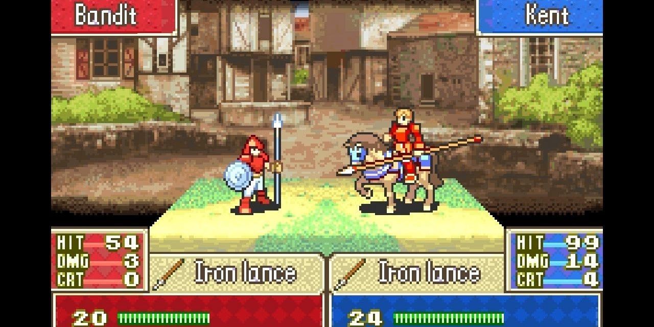 Kent on a horse against a bandit in Fire Emblem GBA.