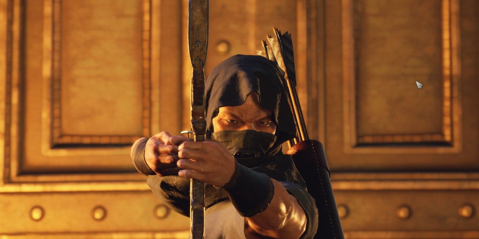 The Forgotten City close up of Assassin brandishing bow at player