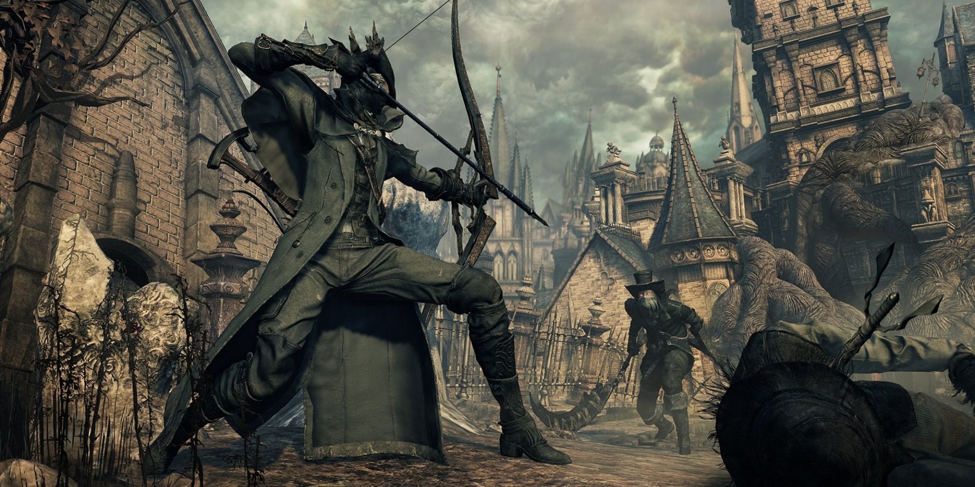 Bloodborne character about to fire an arrow at an enemy