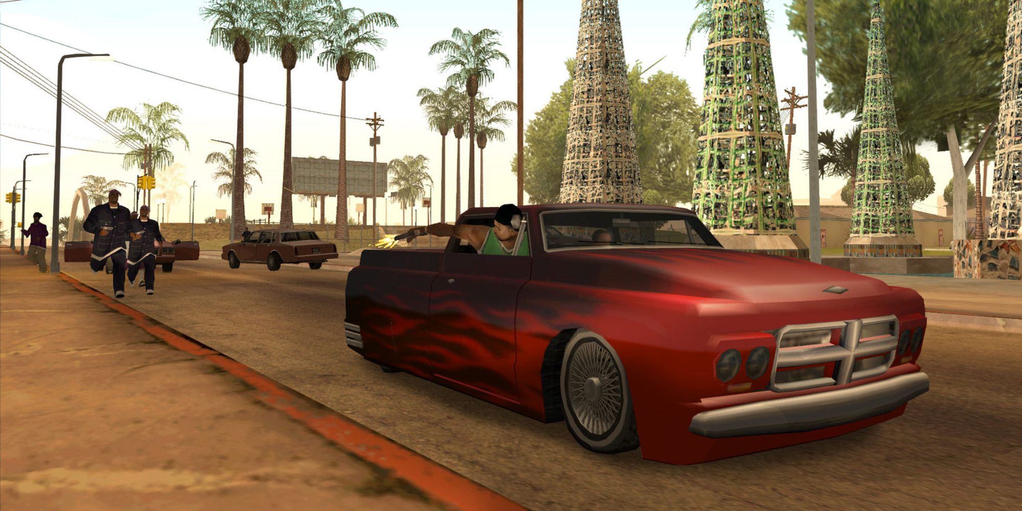 Character from GTA: San Andreas shooting out of a car