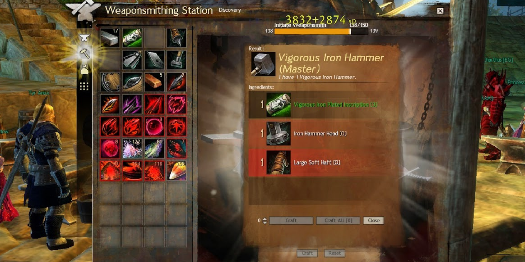 GW2 - screenshot of earning experience in weaponsmith crafting