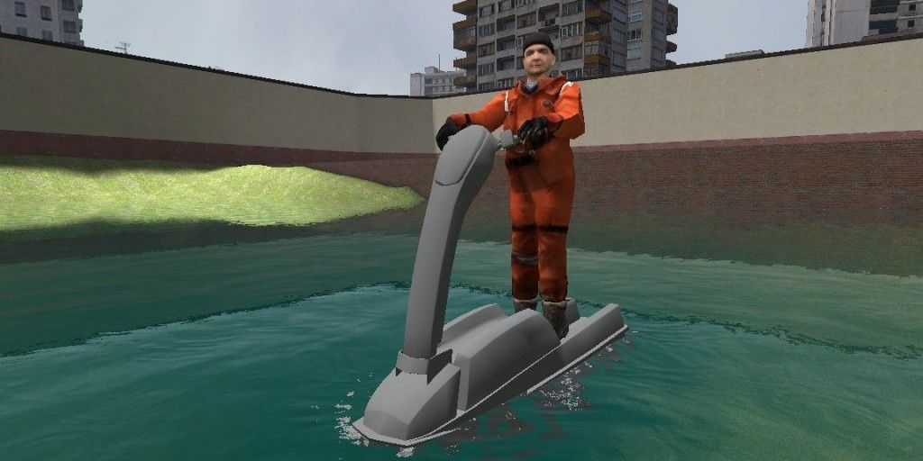 A man riding a jet ski on the default map of Garrys Mod Half Life 2