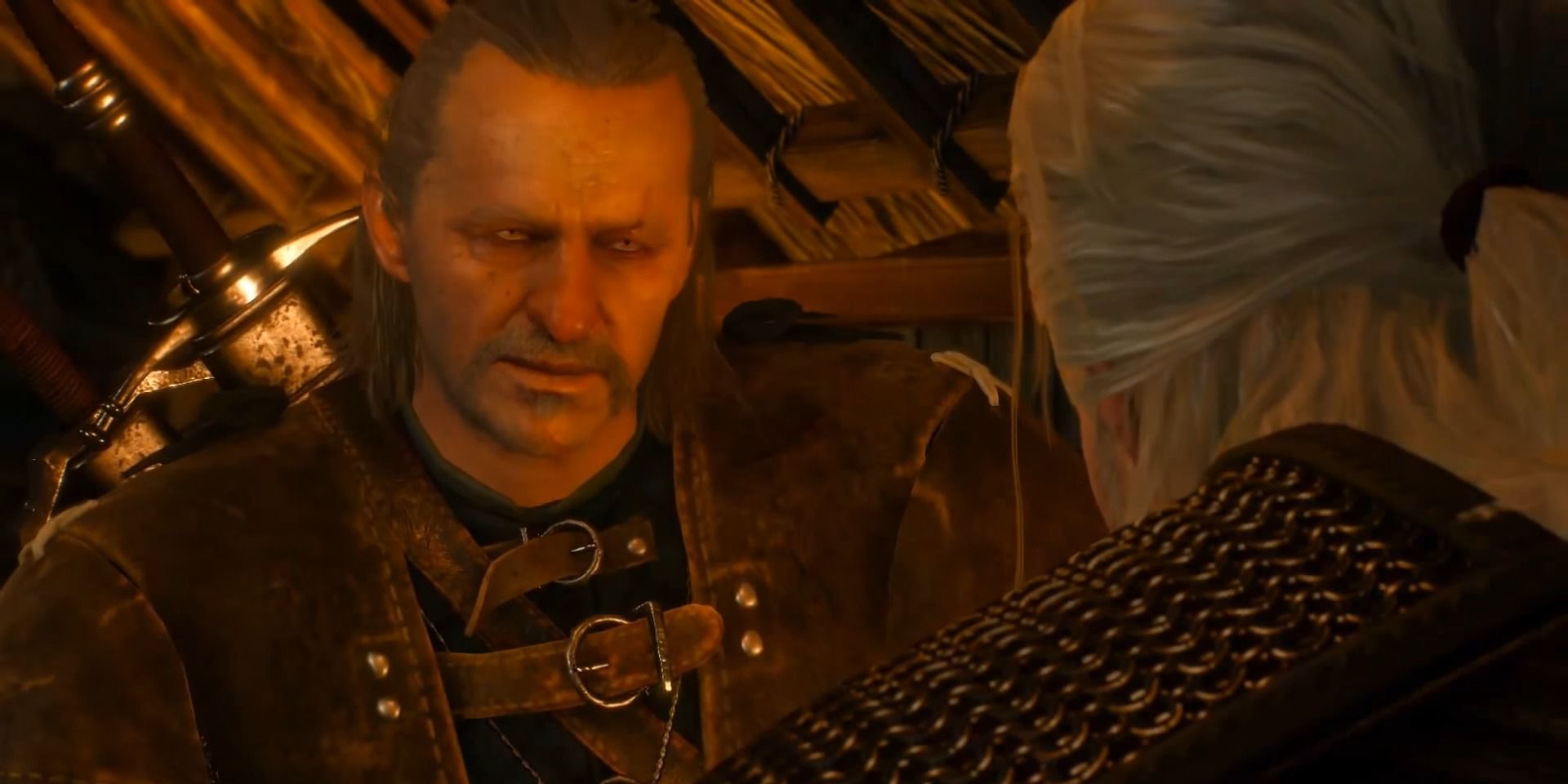Geralt and Vesemir talking in a tavern in The Witcher 3