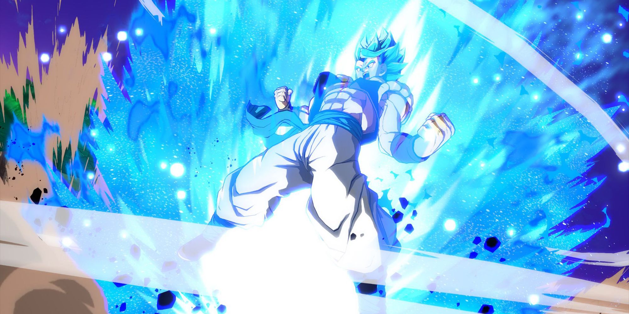 Super Saiyan Blue Gogeta charging up in Dragon Ball FighterZ