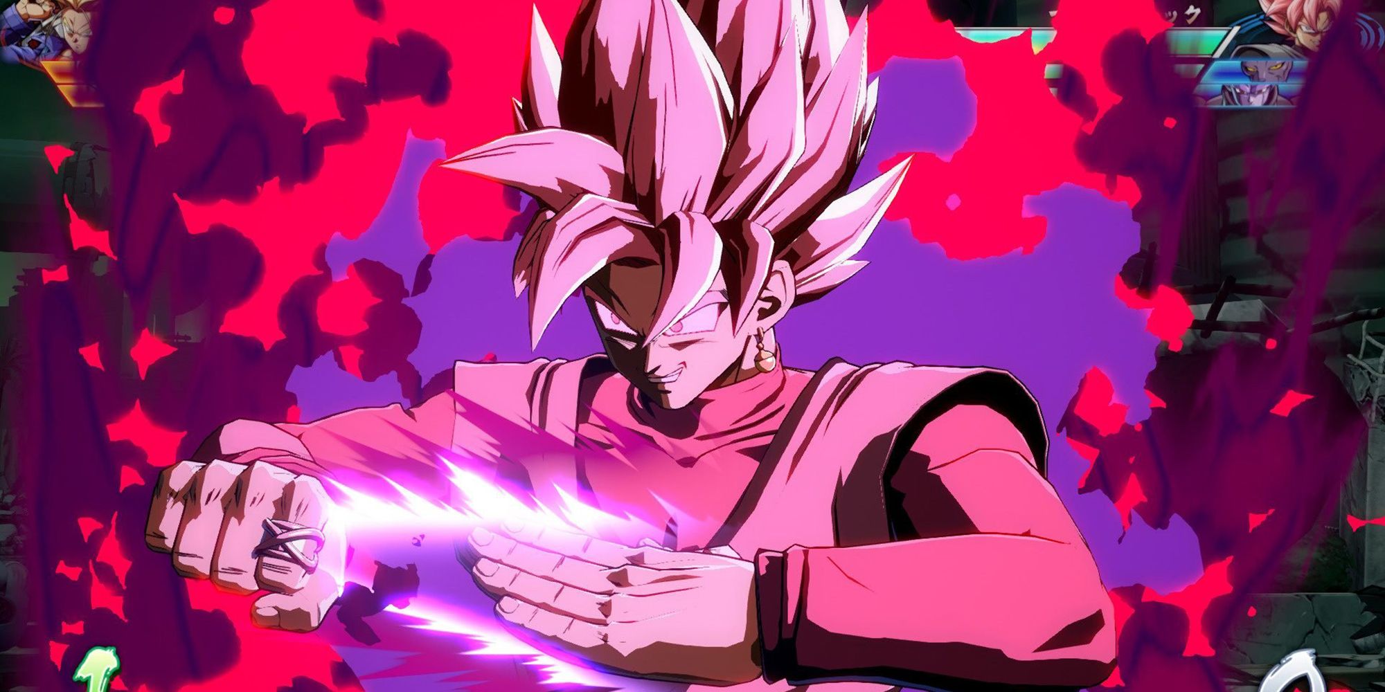 Goku Black smiling and getting ready to turn his ki into a scythe in Dragon Ball FighterZ