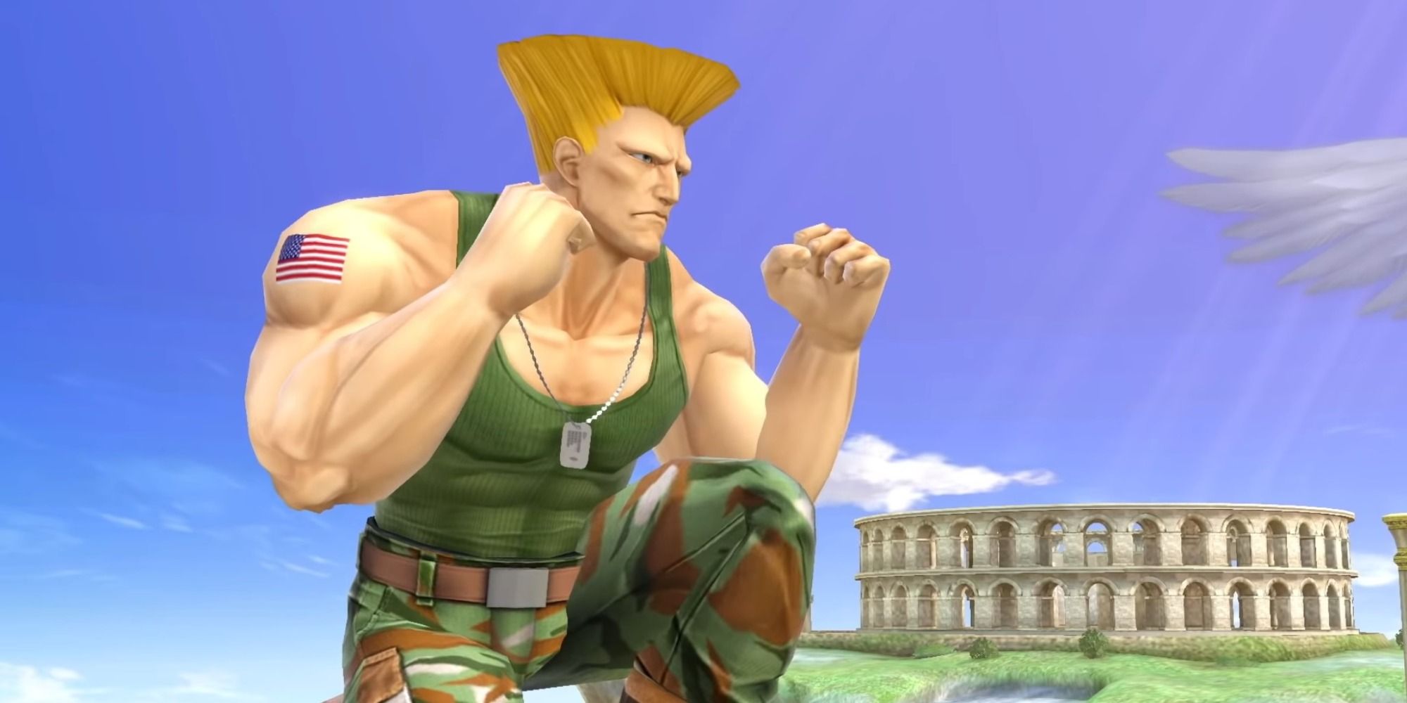Guile posing in front of a colosseum - kneeling on one knee with his fists clenched out in front of him 