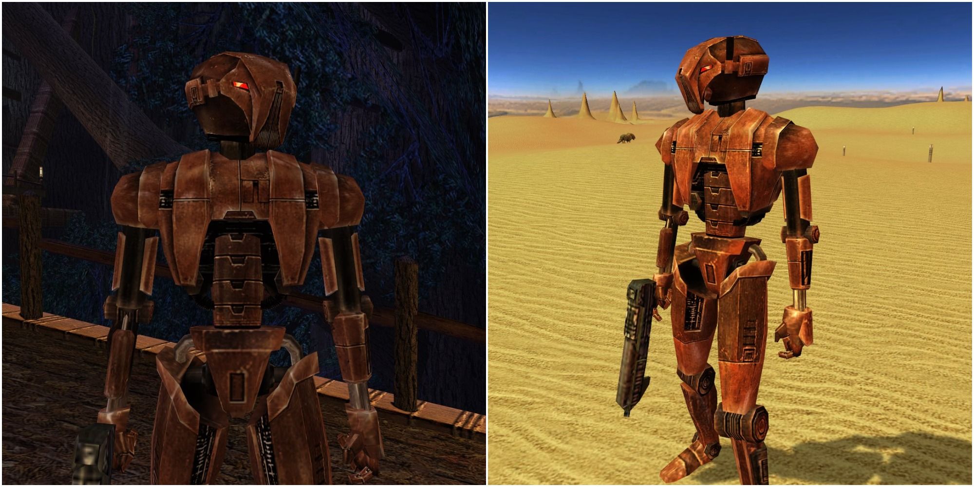 Split image KOTOR HK-47 on Kashyyk and Tatooine waiting to shoot something
