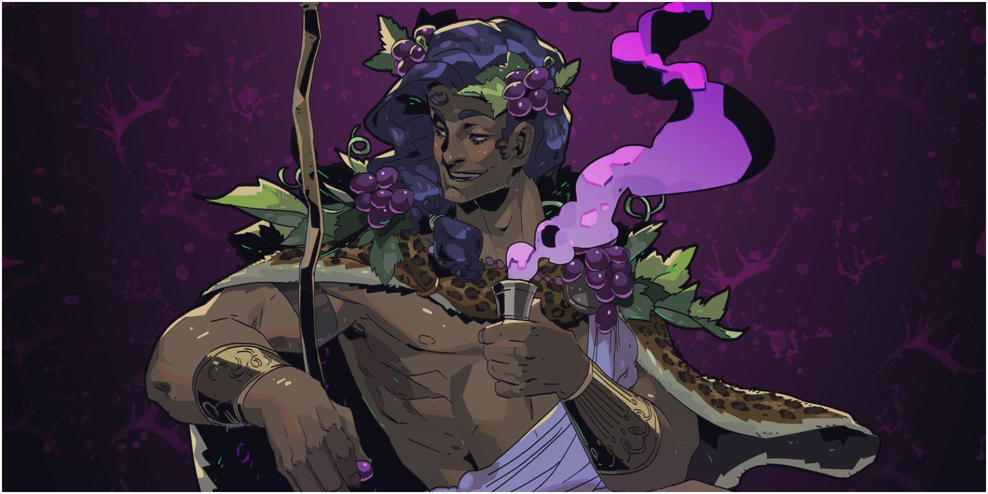 Hades Dionysus With A Purple Wine Splattered Backdrop