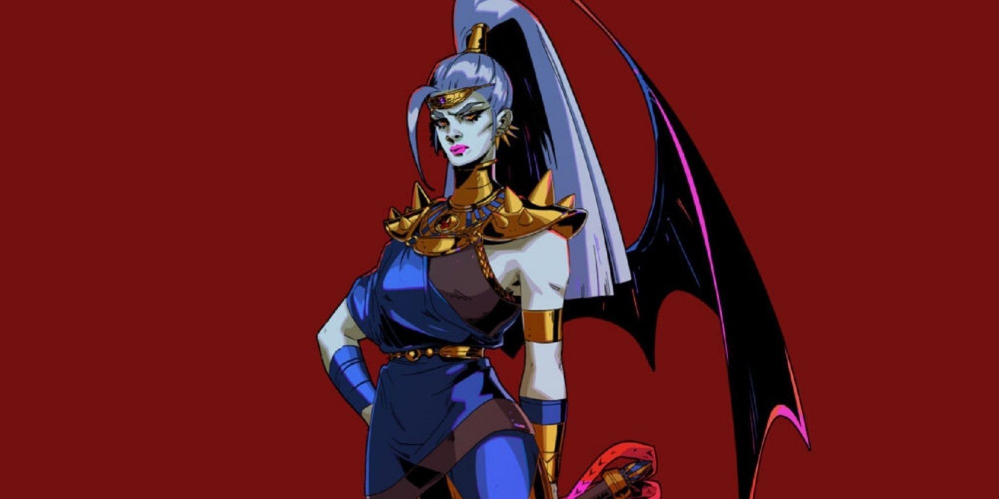 Hades Megaera posing in front of red background