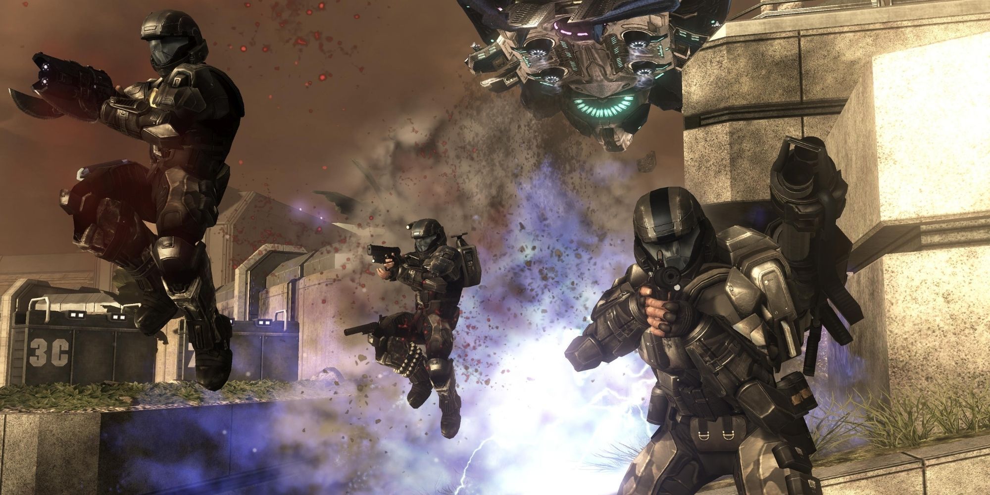 Halo 3 Multiplayer, Promo shot of 3 ODST soldiers dropping to the ground with weapons out