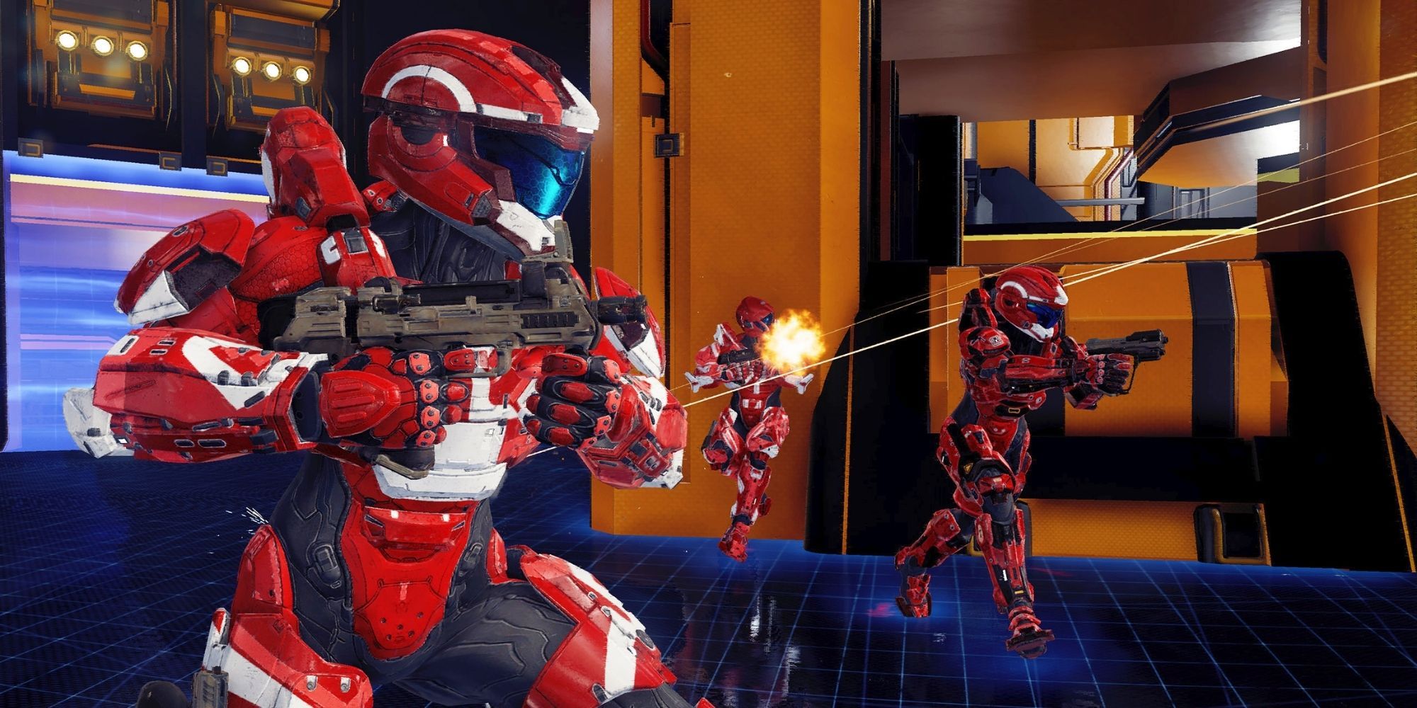 Halo Reach Multiplayer, Promo shot of 3 players wearing red playing multiplayer