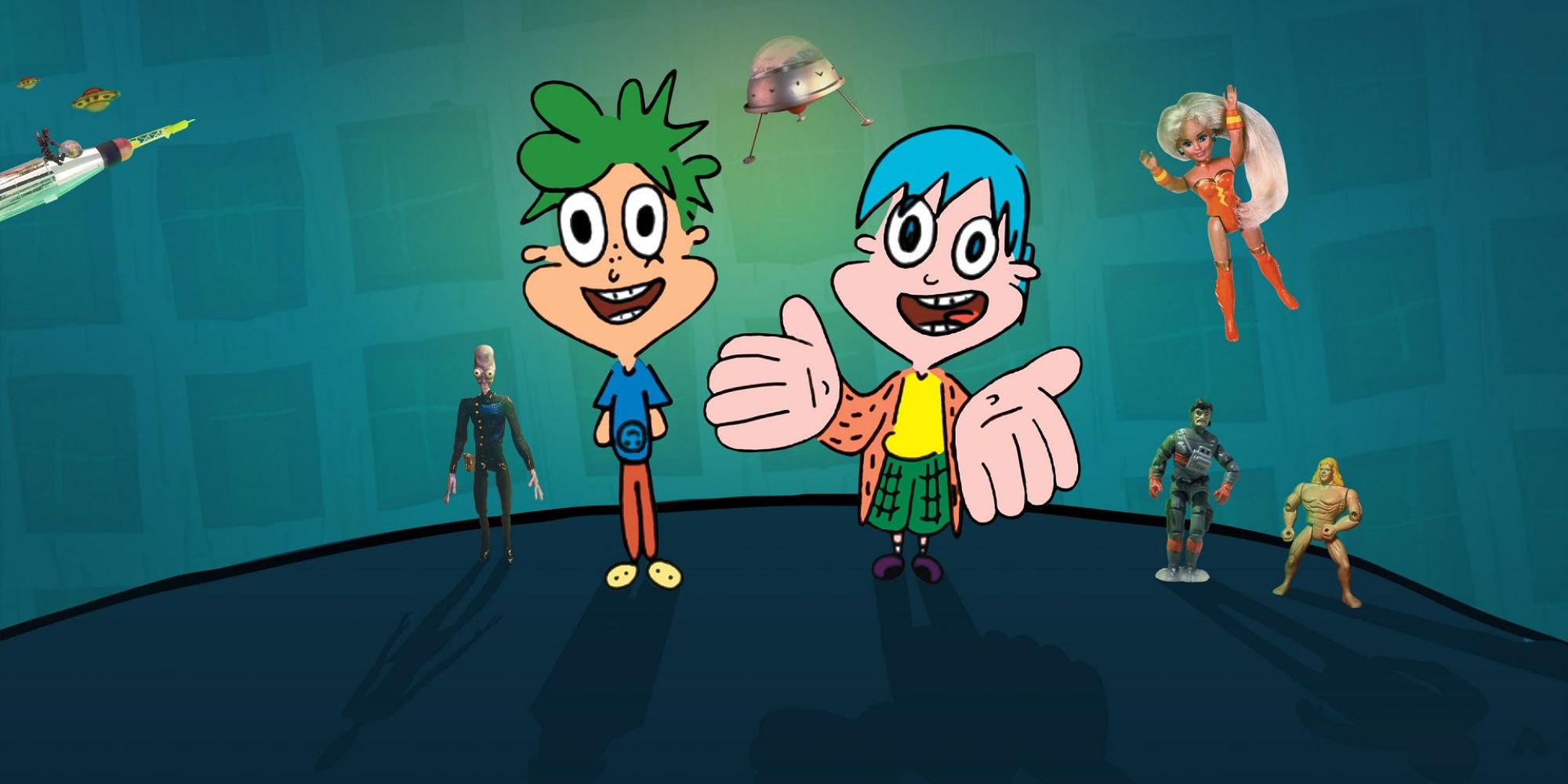 Henry-and-June from Kablam standing with other characters from the show surrounding them