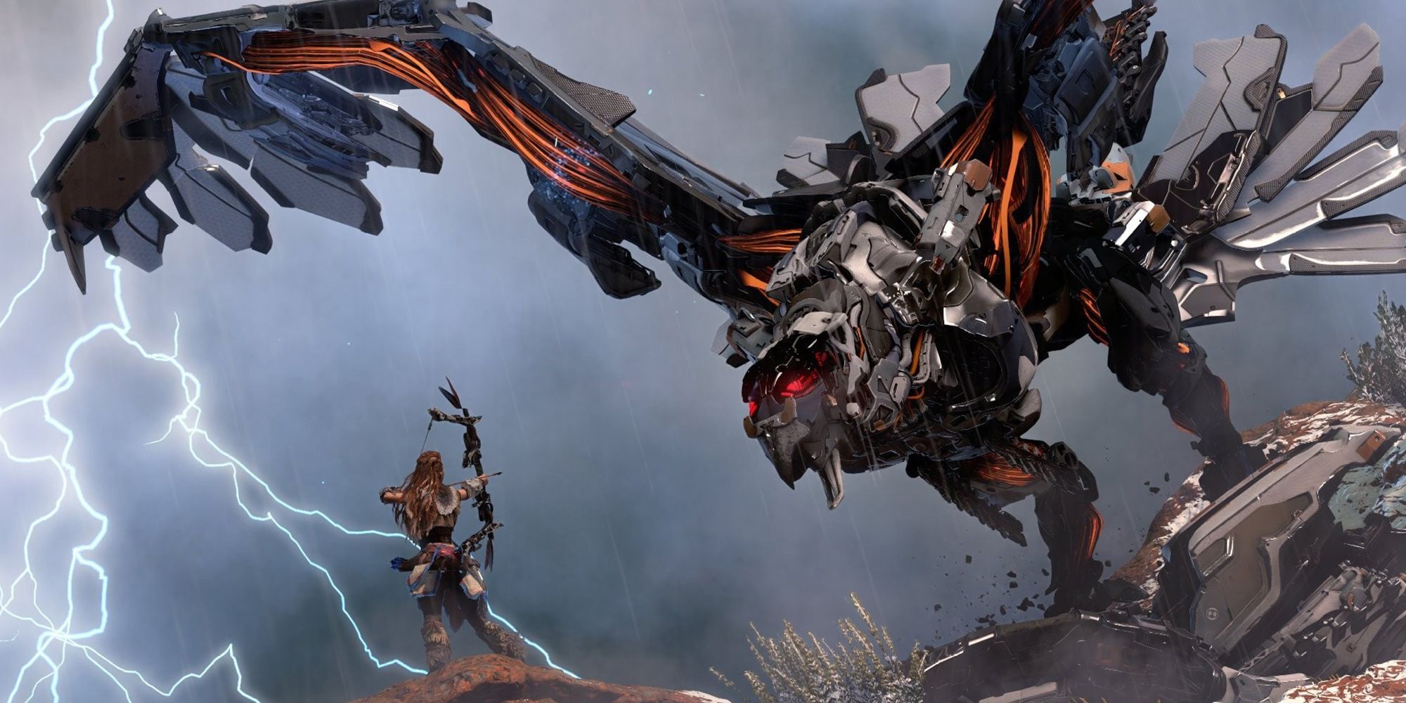 Horizon Zero Dawn - Alloy Facing Down A Giant Eagle Machine