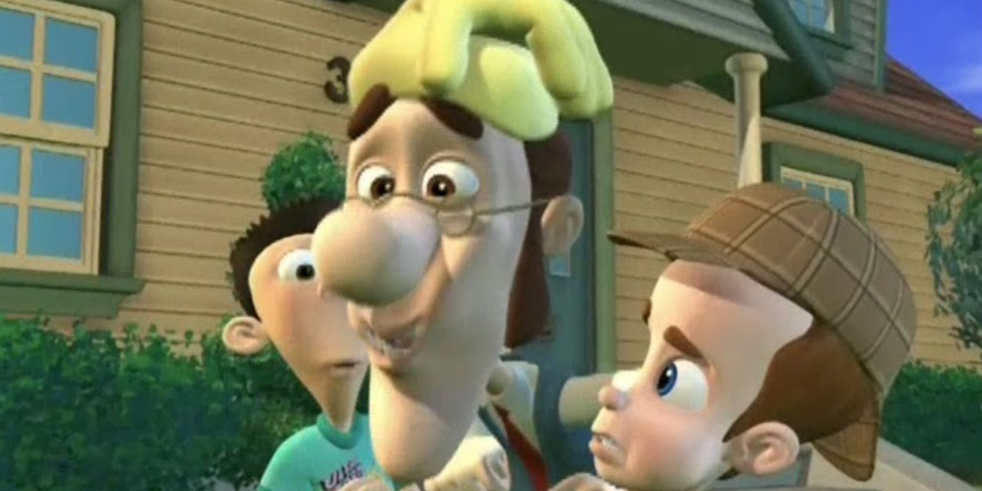 Hugh-Neutron from Jimmy Neutron wearing a glove on his head while Jimmy and Sheen surround him with concern