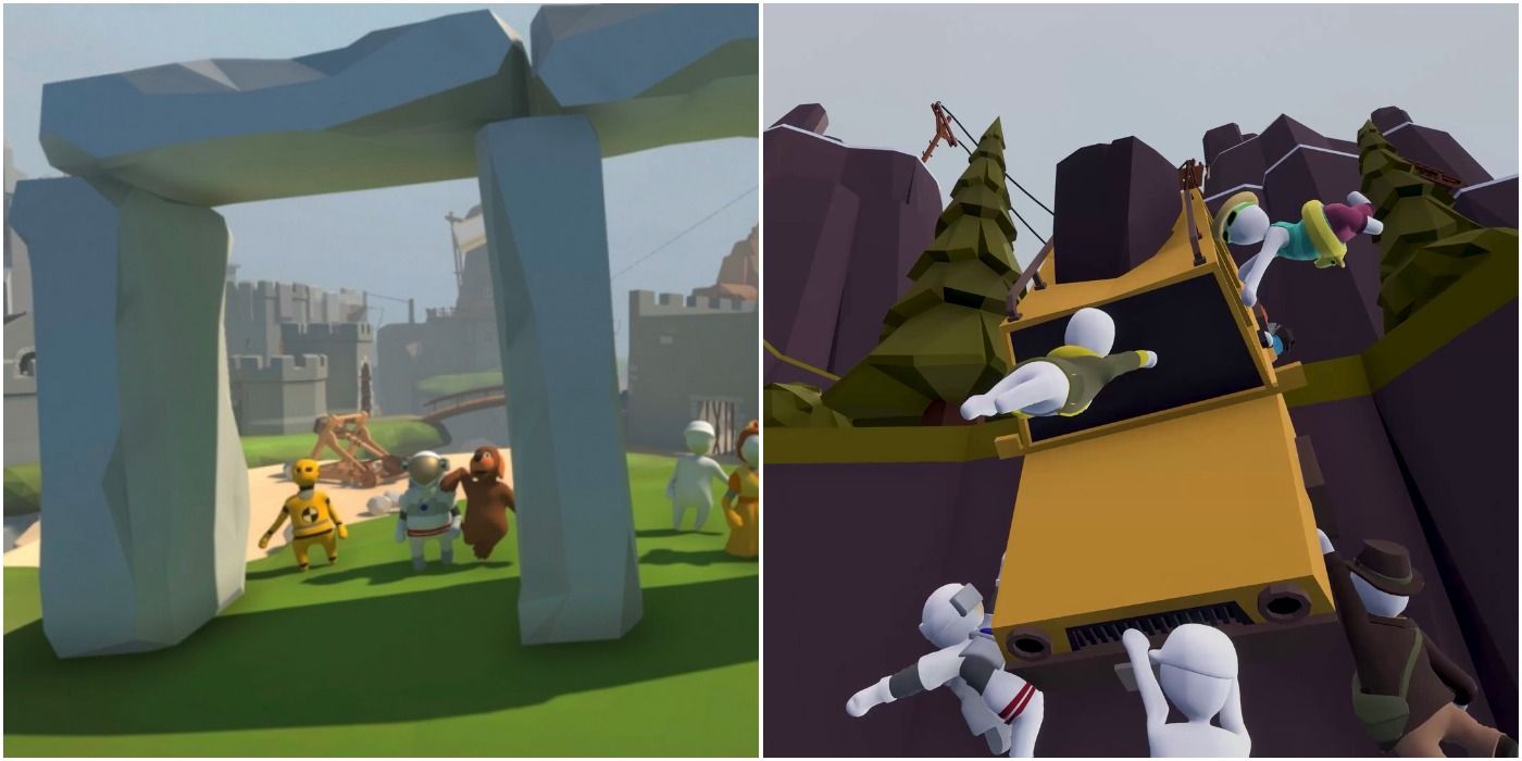 ragdoll physic puzzles stone henge and hanging from bridge in Human Fall Flat