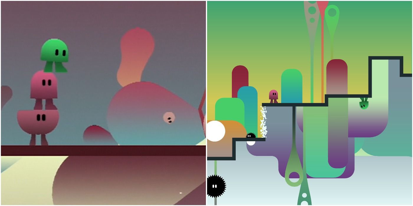 split image of red and green blobs in platforming states in Ibb and Obb