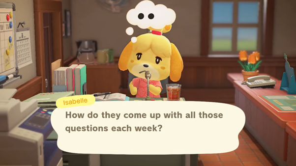 Isabelle giving morning announcements in animal crossing new horizons