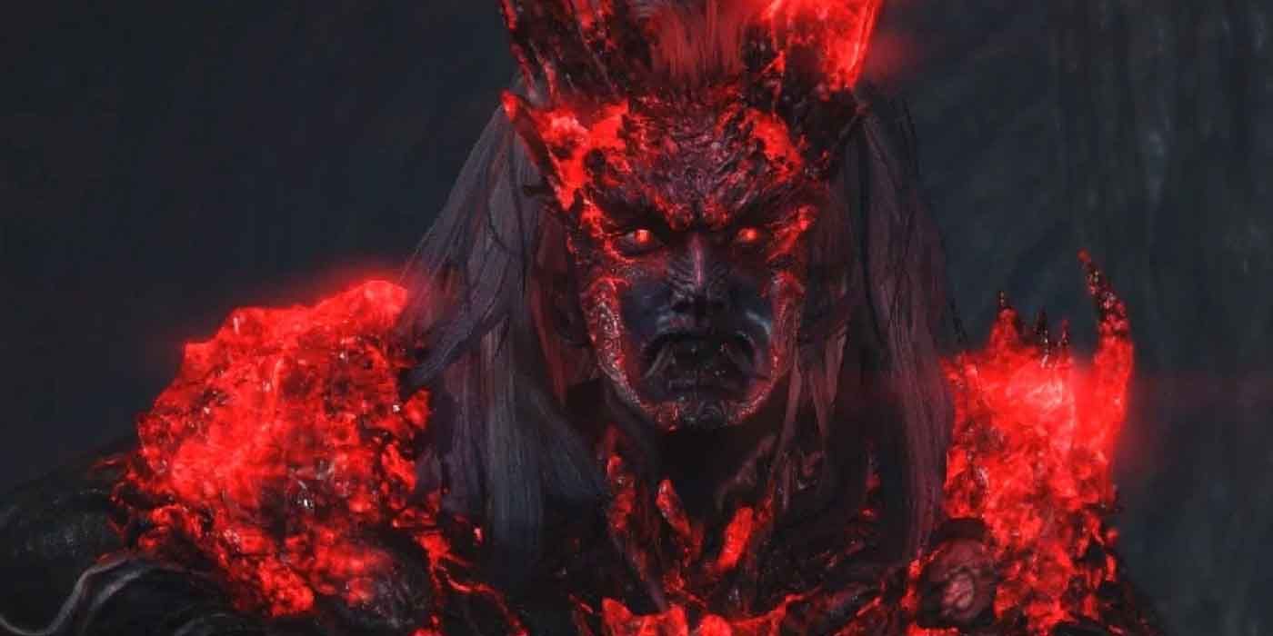 The demonic looking Ishida Mitsunari, one of the hardest bosses in Nioh, including the DLC