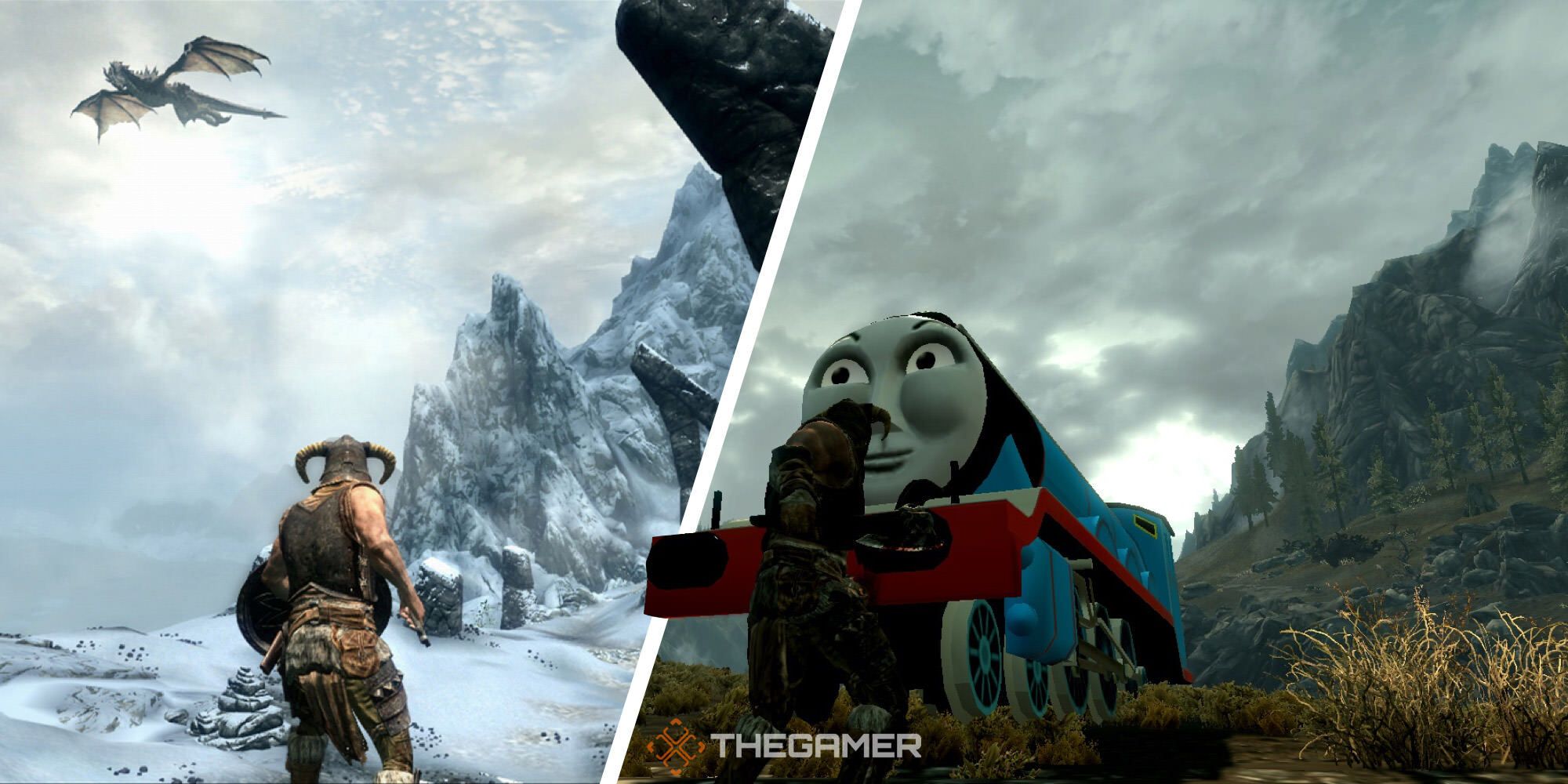 a split image of a skyrim dragon in the sky and thomas the tank engine staring menacingly